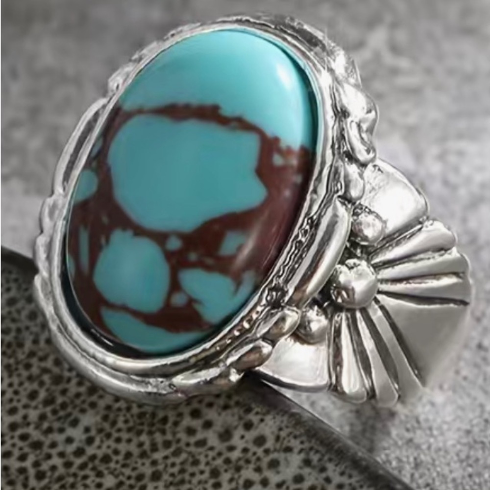 Antique style Silver Plated Turquoise Gemstone Floral Flower Ring.